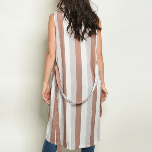Nwt -Mauve or Beige Long Striped Vest with belt - Picture 2 of 12